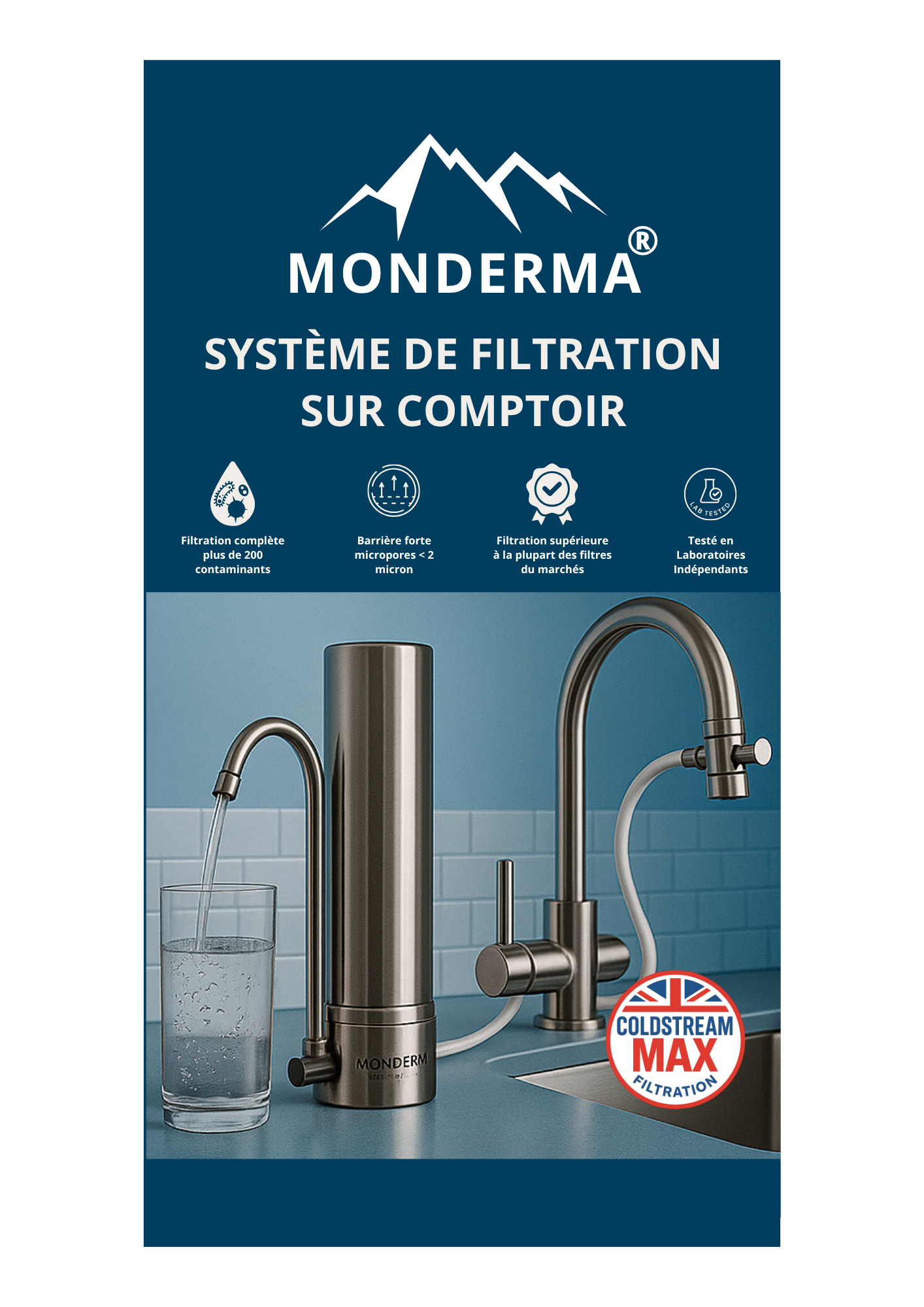 Monderma système de filtration sur comptoir, inclus filtre coldstream CTO max