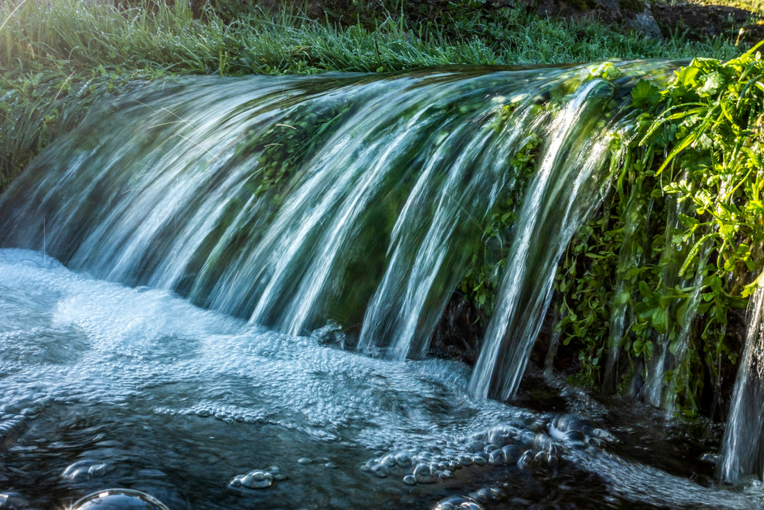 green grass and water falls