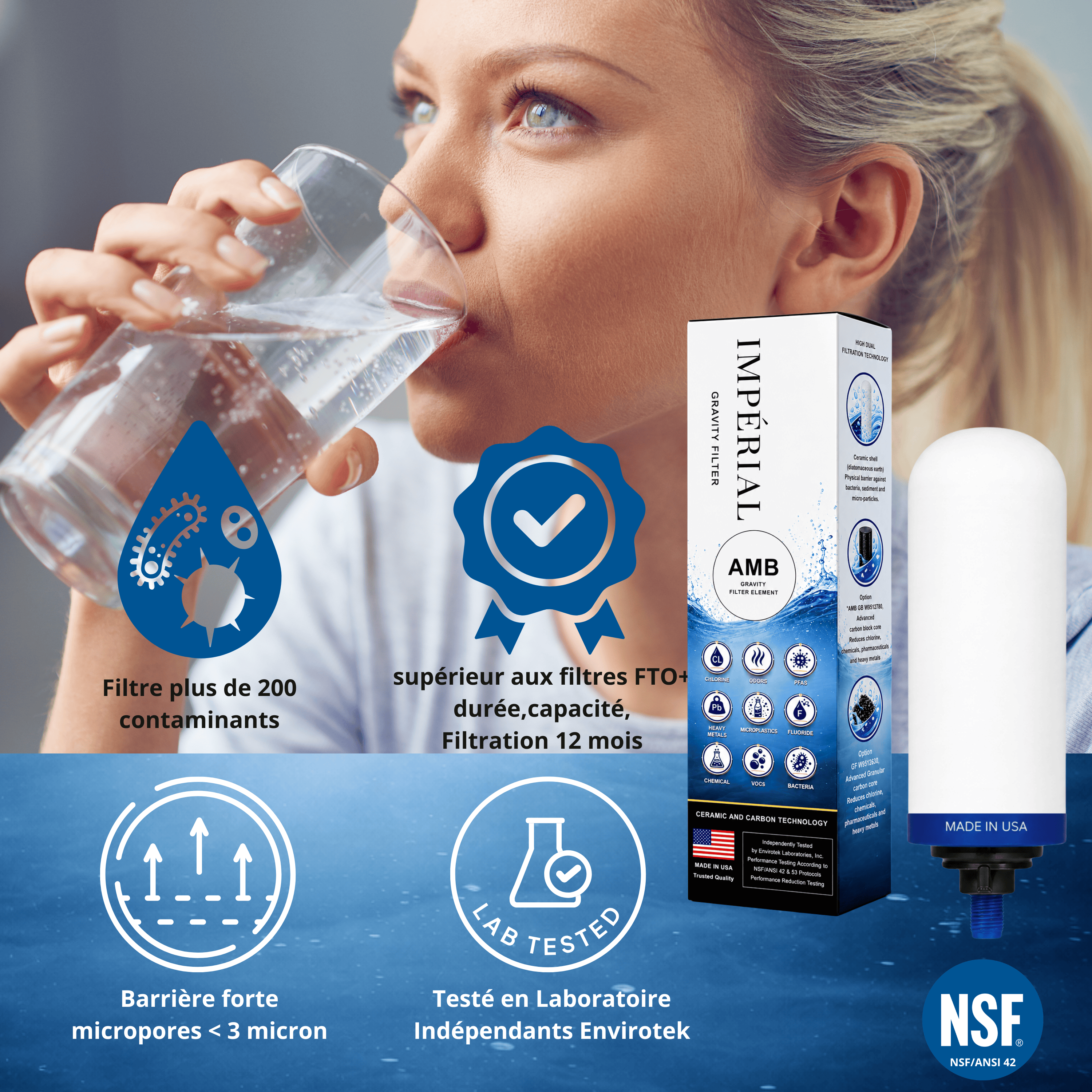 Monderma Fontaine filtrante gravitaire Monderma Fontaine Big 8.5L inox |BEP| - 2 filtres Impérial AMB | 12 mois de filtration