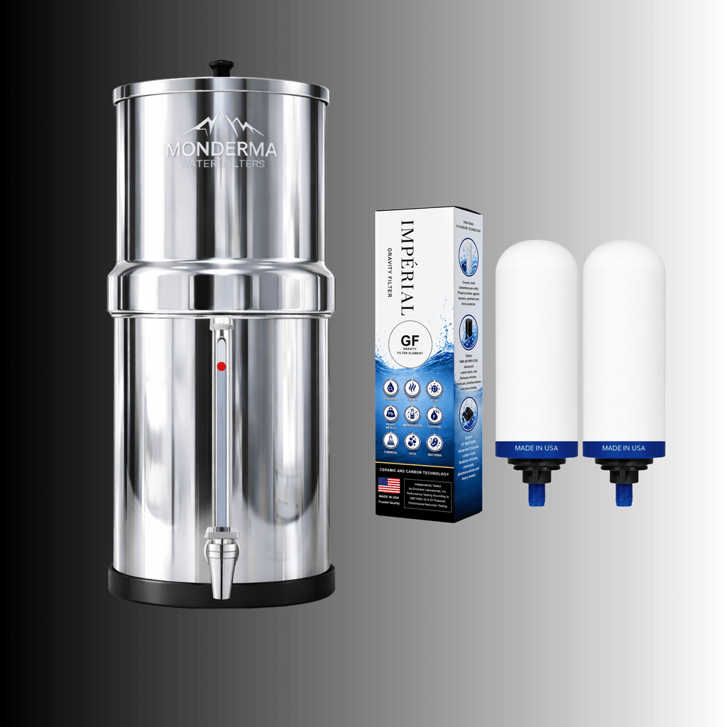 Monderma Fontaine filtrante gravitaire Monderma Fontaine Travel 5.6L inox | Robinet Vue | 2 filtres Impérial GF | 12 mois de filtration