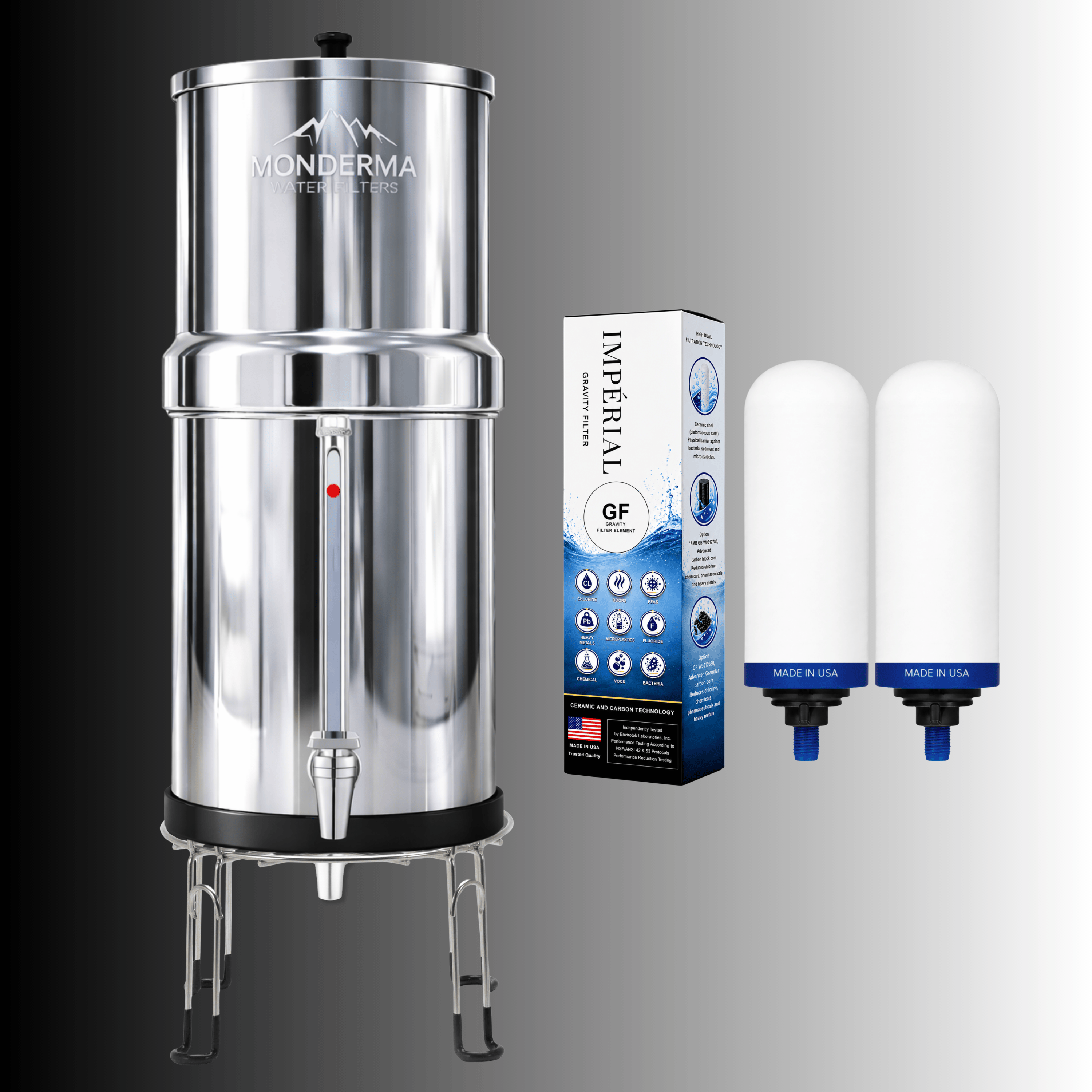 Monderma Fontaine filtrante gravitaire Monderma Fontaine Travel 5.6L inox | Pack premium | 2 filtres Impérial GF | 12 mois de filtration