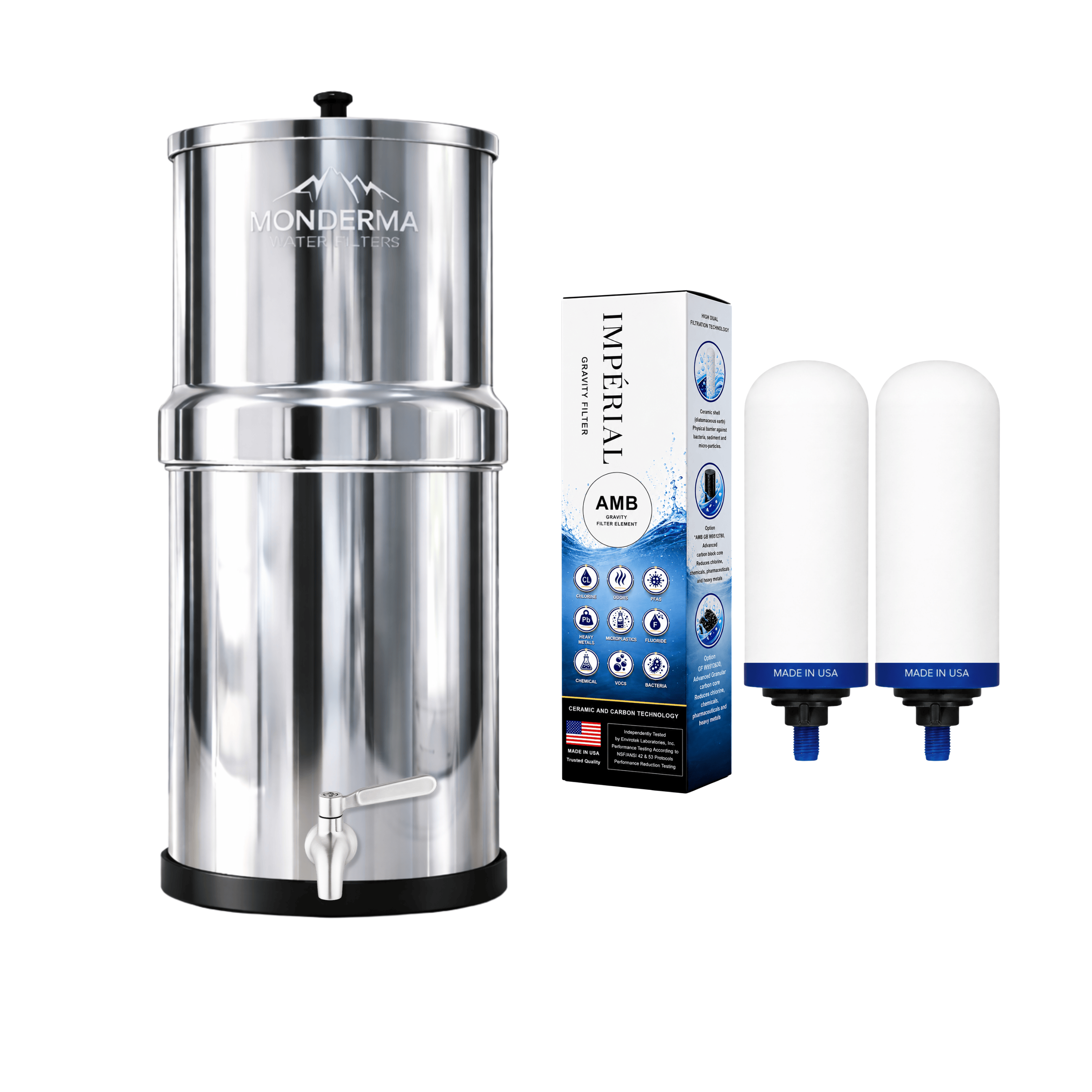 Monderma Fontaine filtrante gravitaire Monderma Fontaine Big 8.5L inox - 2 filtres Impérial AMB | 12 mois de filtration