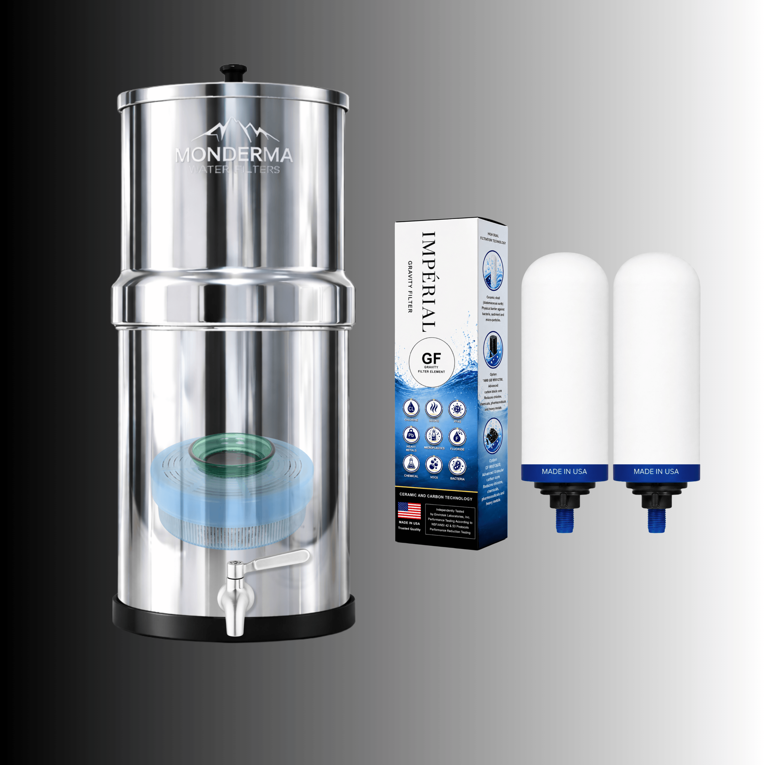 Monderma Fontaine filtrante gravitaire Monderma Fontaine Big 8.5L inox |BEP| - 2 filtres Impérial GF | 12 mois de filtration