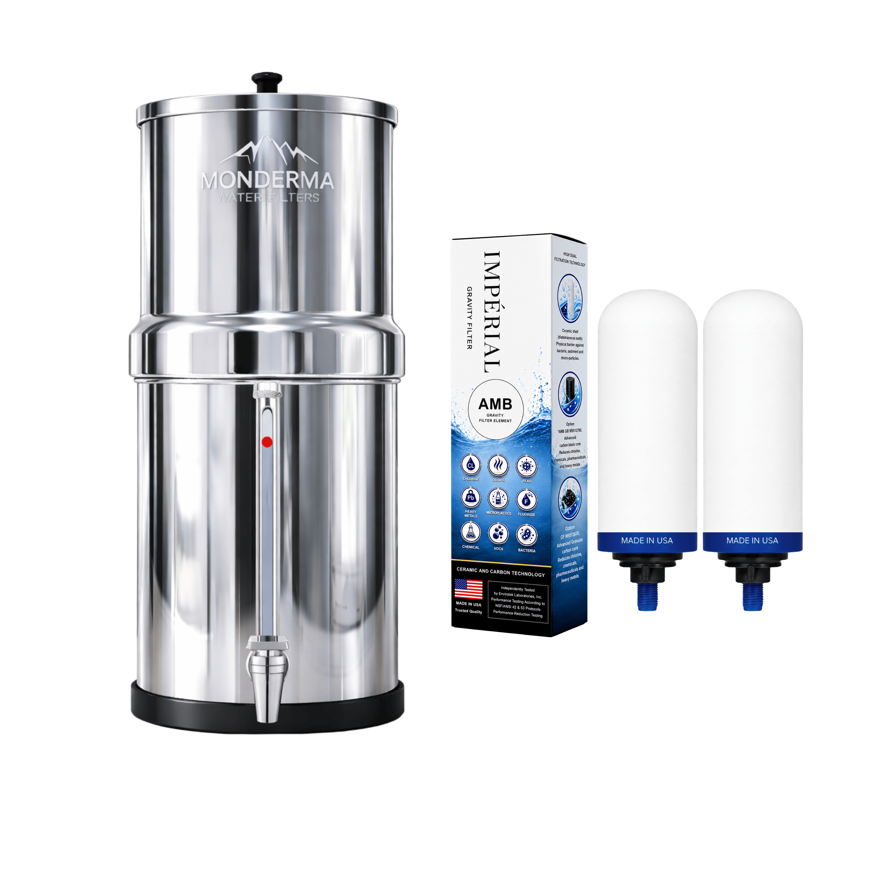 Monderma Fontaine filtrante gravitaire Monderma Fontaine Big 8.5L inox | Robinet Vue | 2 filtres Impérial AMB | 12 mois de filtration