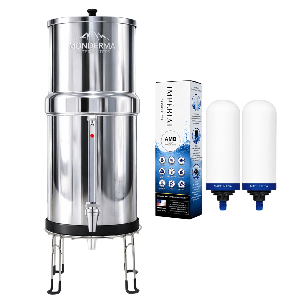 Monderma Fontaine filtrante gravitaire Monderma Fontaine Big 8.5L inox | Pack premium | 2 filtres Impérial AMB | 12 mois de filtration