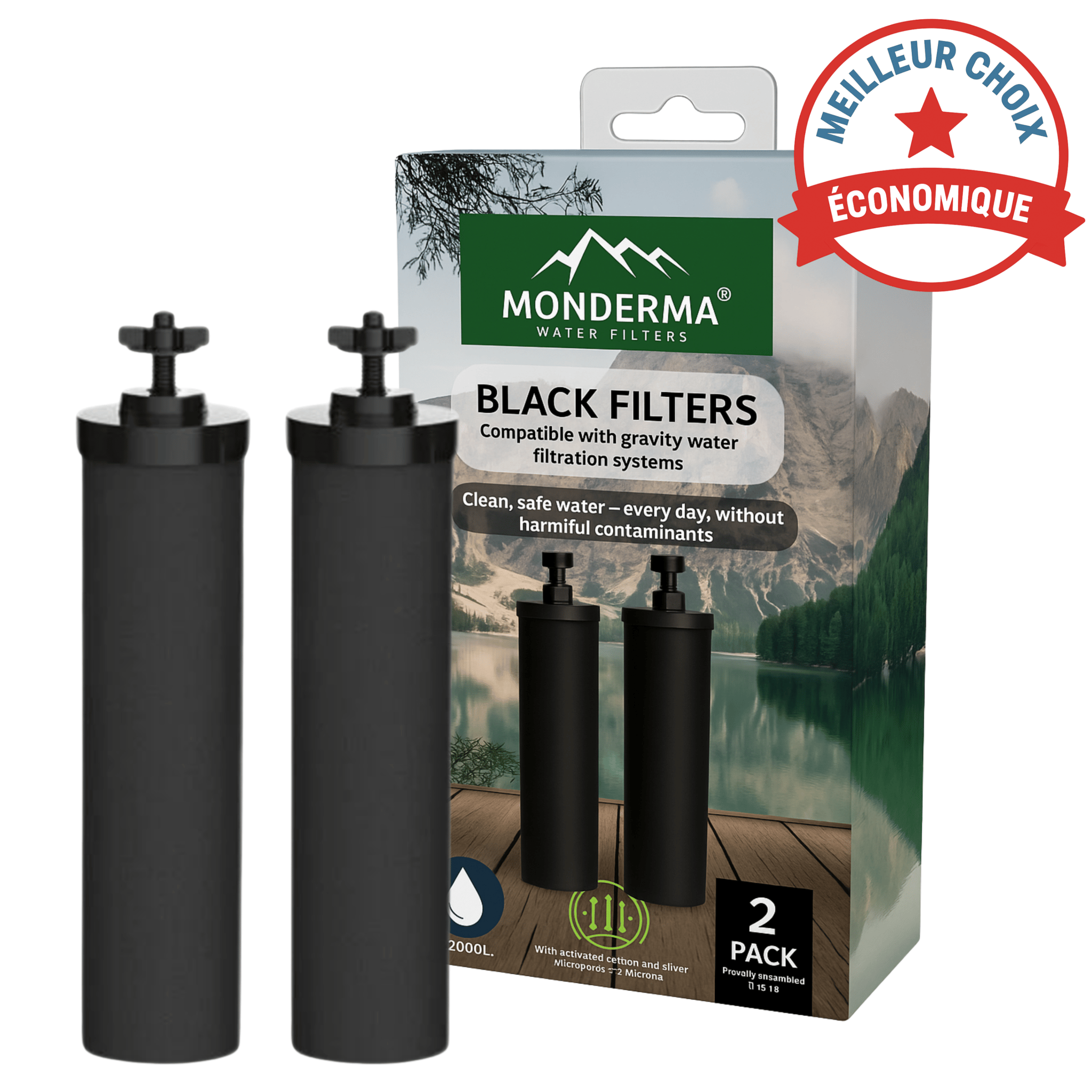 Monderma Fontaine à gravité purificateur d'eau Monderma Cartouche Black Filters - Lot de 2 - 12 mois de filtration