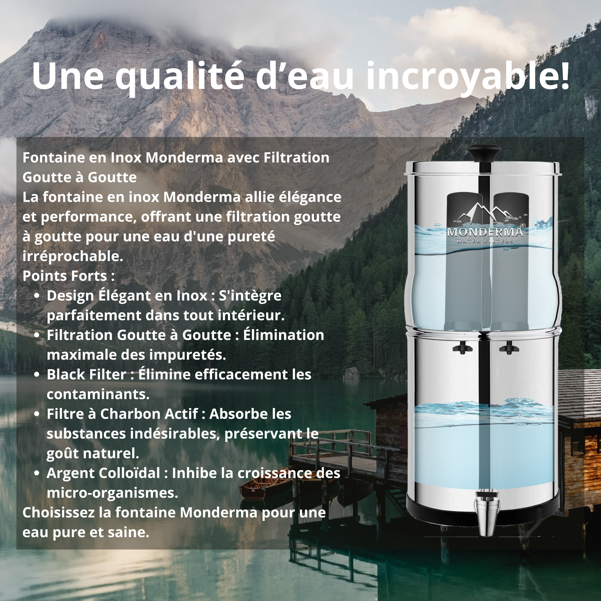 Fontaine à eau Monderma Max travel 5.6L - inclus 2 filtres black filters, 1 base inox, 1 robinet avec vue