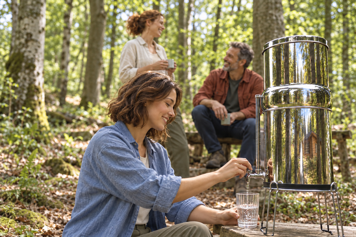 Trois adultes autour d’une fontaine inox en forêt, avec un verre transparent et le reflet d’une maison en bois.