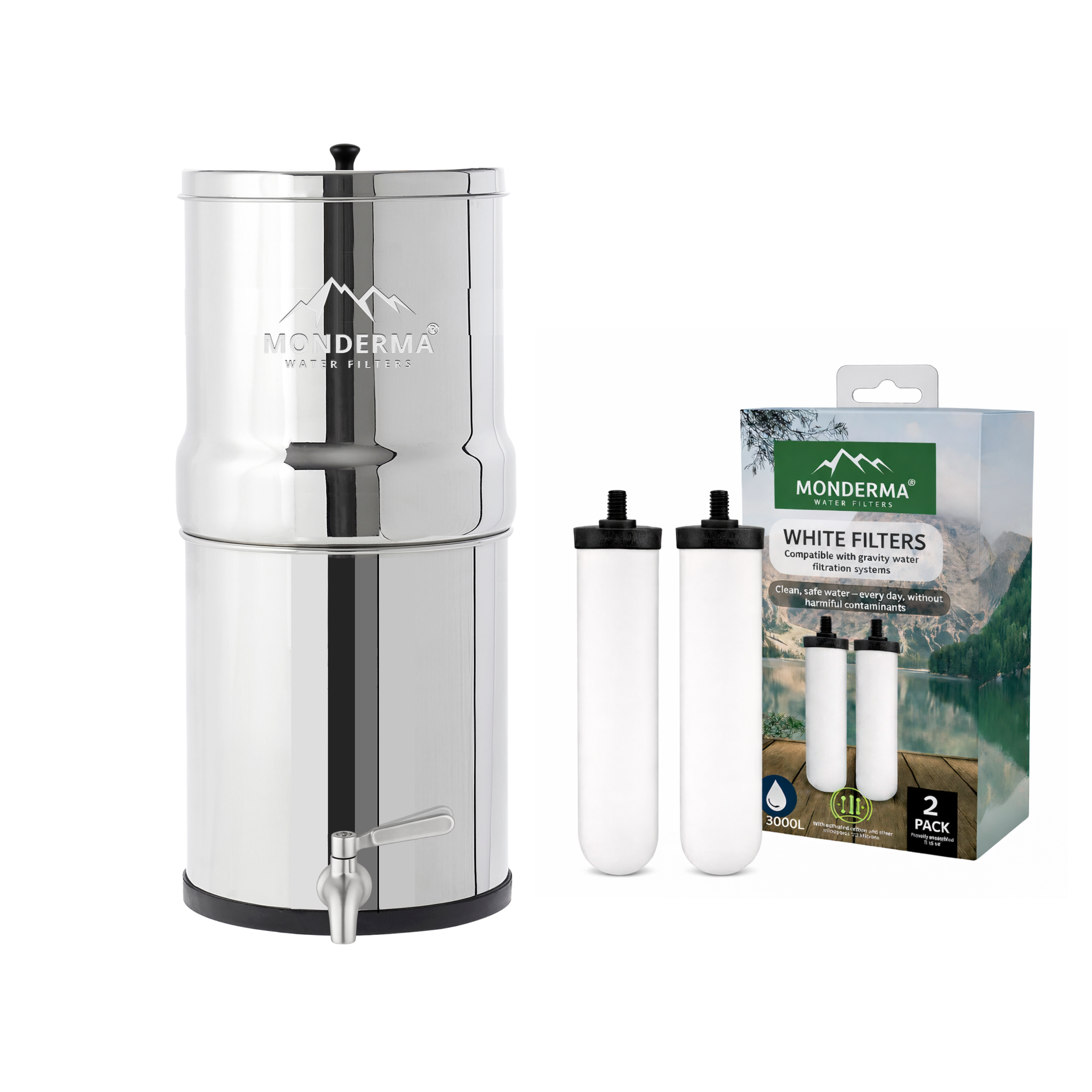 Monderma Fontaine Big 8.5L inox - 2 white filters - robinet inox - 6 mois de filtration